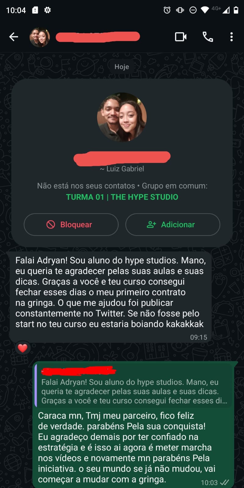 Prova de primeiro contrato internacional de aluno do The Hype Studio